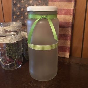 Frosted Glass Jar or Vase w/ Green & White Ribbon